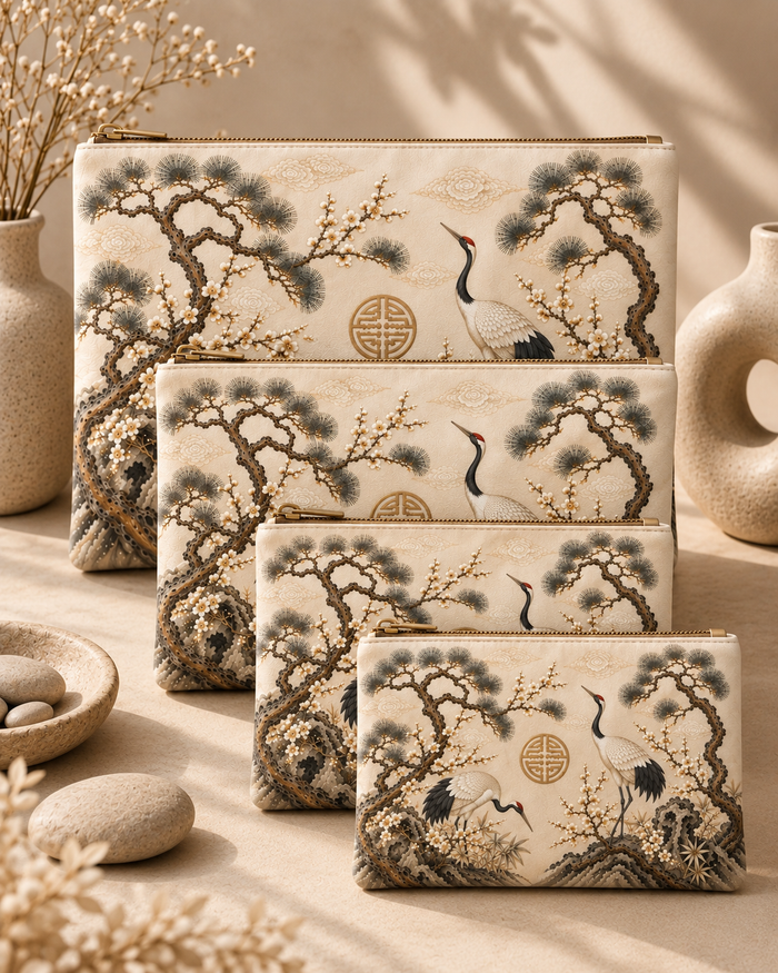 Vegan leather zipper pouch set (S–XL) with bird and tree print, gold zipper