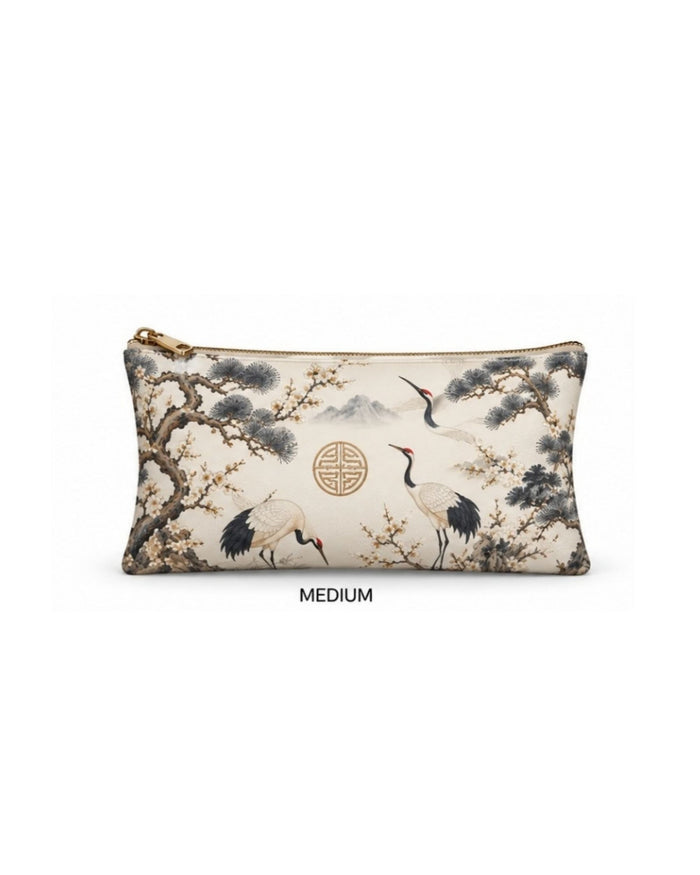 Medium vegan leather zipper pouch with bird and tree print, gold zipper pull