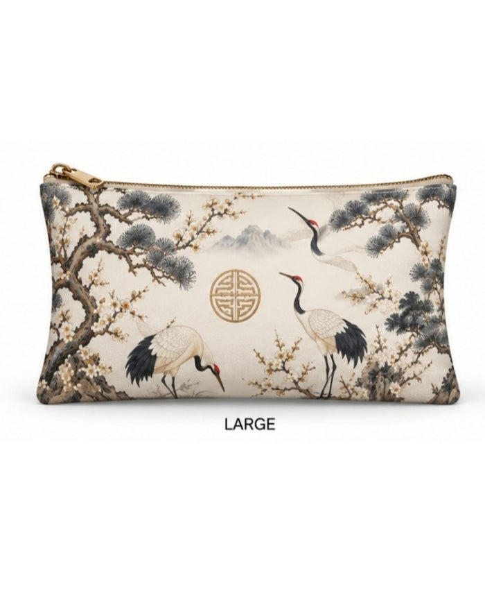 Large vegan leather zipper pouch with bird and tree print, gold zipper pull