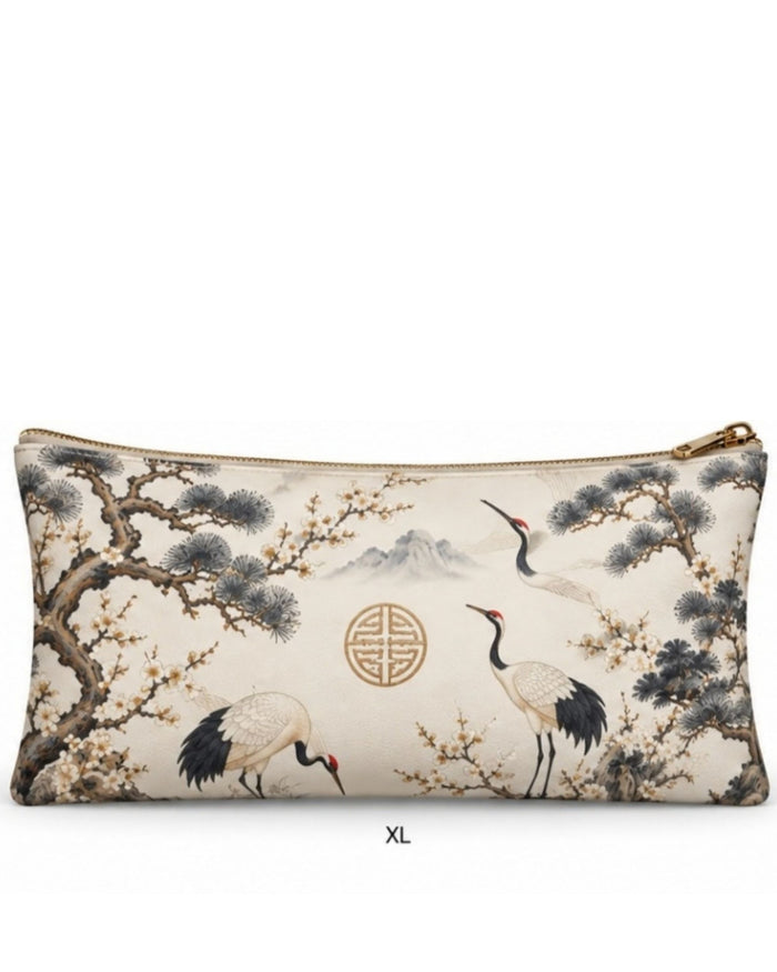XL vegan leather zipper pouch with bird and tree print, gold zipper pull