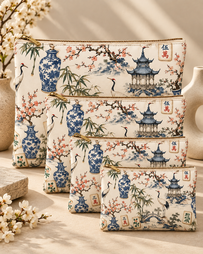Multiple printed vegan leather zippered pouches, gold-tone zippers, pagoda floral scenery