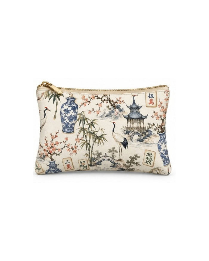 Printed vegan leather zippered pouch with gold-tone zipper, front view of pagoda scenery