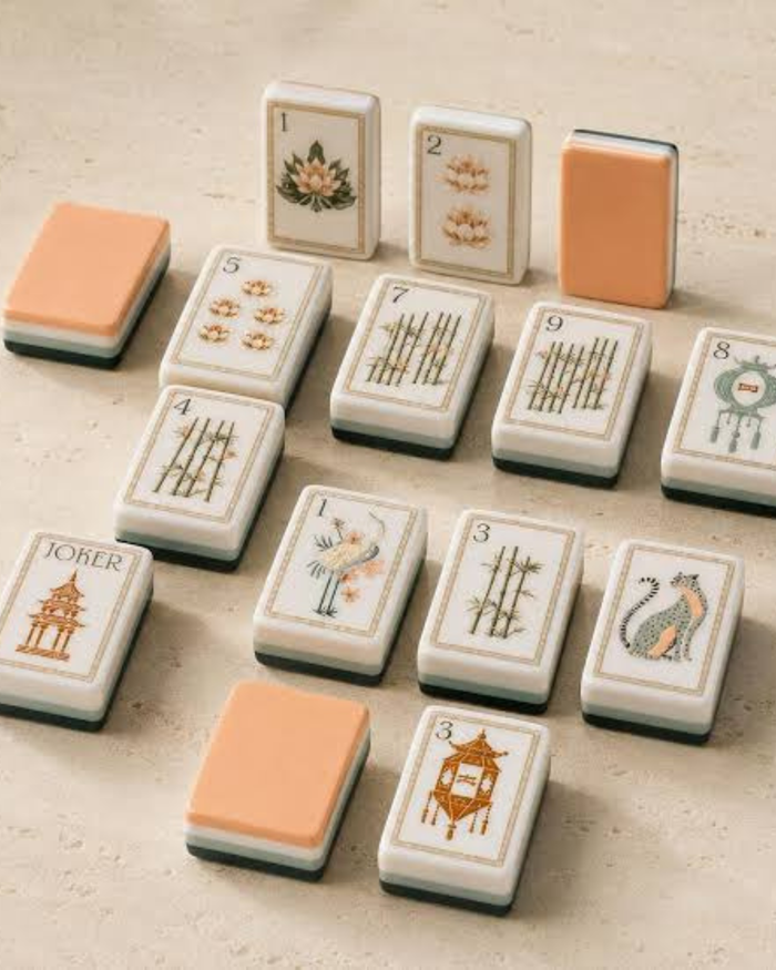 Mahjong tile set with white faces, green borders, and peach backs