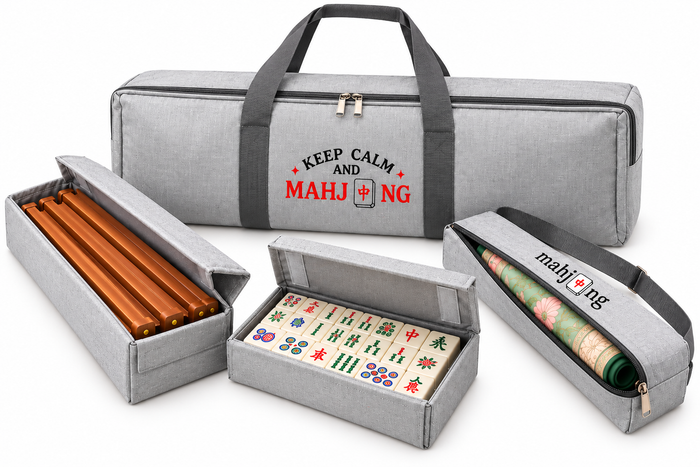 Grey mahjong carry bag set with compartments, tile case and rolled tile mat pouch