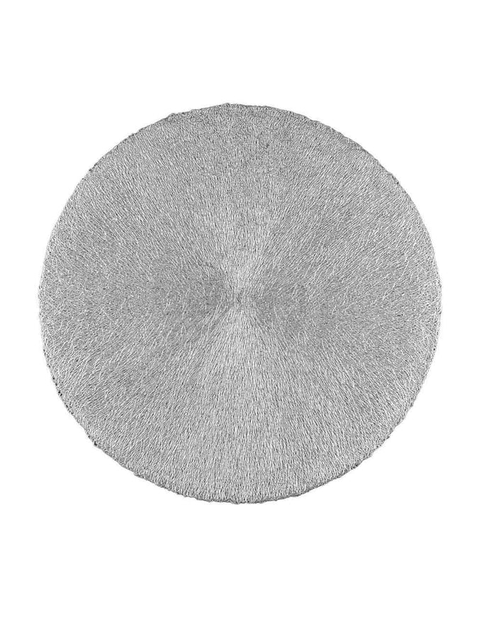 Silver round table mat with textured metallic swirl surface