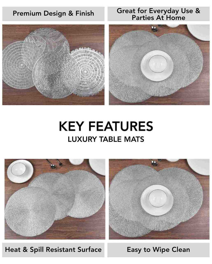 Silver round table mat set shown in multiple overlapping angles