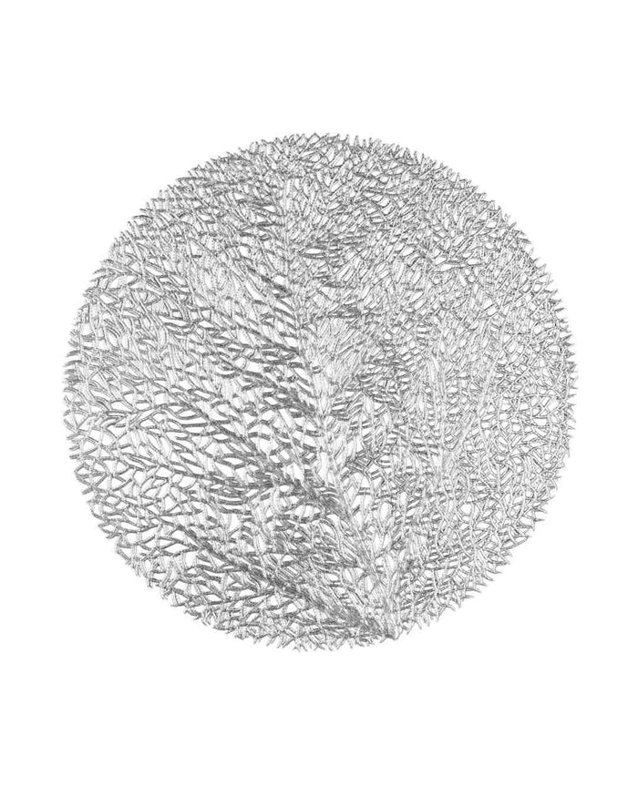 Silver round woven tree metallic table mat with textured filaments