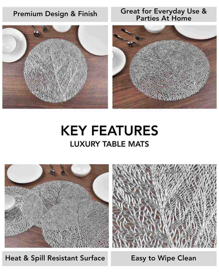Silver round metallic table mat, dense woven filament surface