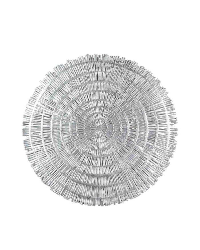 Round woven metallic table mat with concentric circular fringe, silver tone