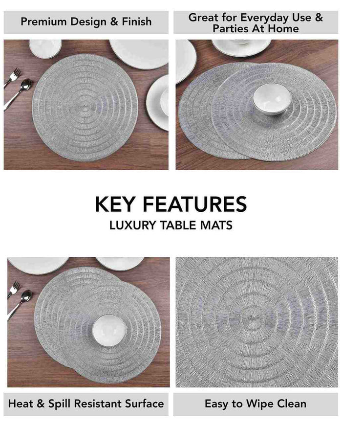 Round silver metallic textured placemat close-up with concentric loop rings