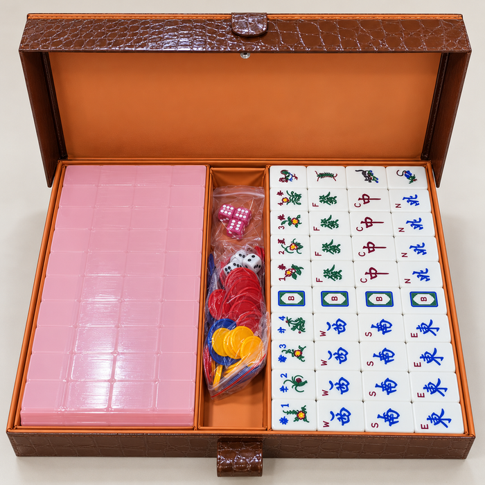 Pink 30 mm mahjong tile set with animal tile designs and character tiles, in case