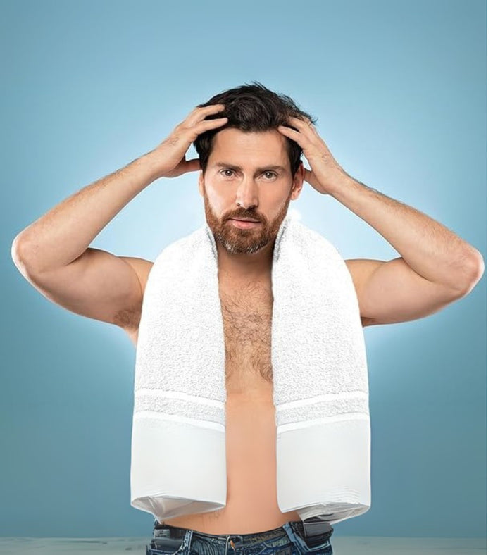 White bath towel set on a man’s shoulders, draped on both sides