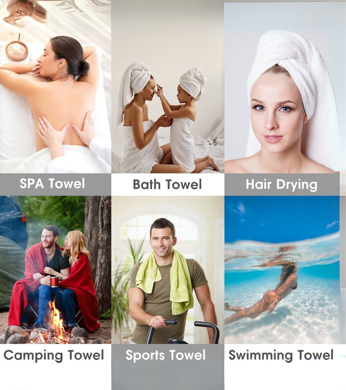 White towels with SPA Towel, Bath Towel, Hair Drying labels