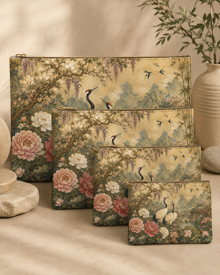 Set of four vegan leather zipper pouches, bird and floral scene print, rectangular