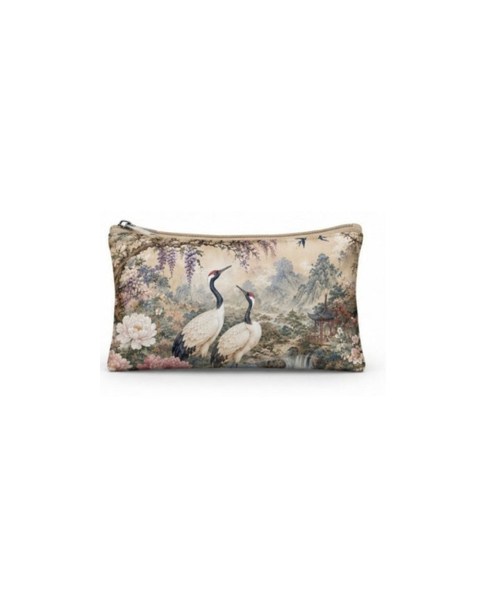 Single vegan leather zipper pouch with bird and floral print, rectangular, top zip