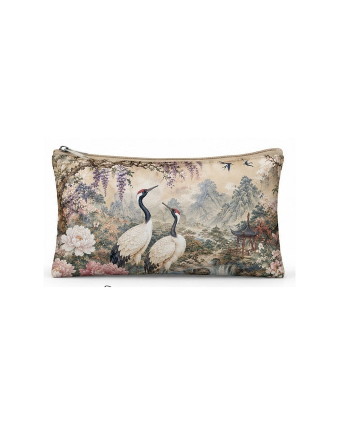 Rectangular vegan leather zip pouch with crane and landscape floral print