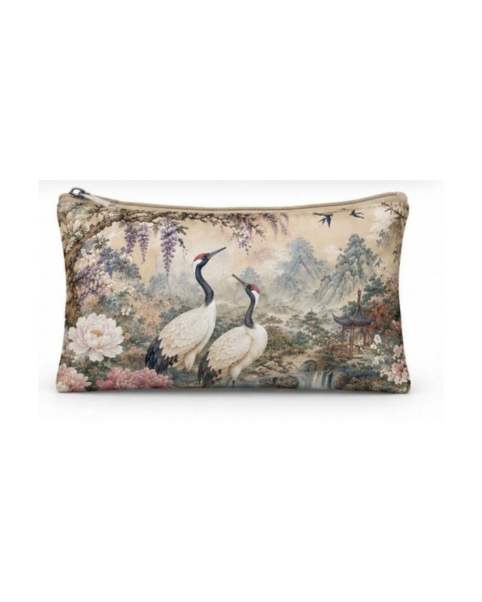 Rectangular vegan leather zip pouch with crane birds and floral garden print