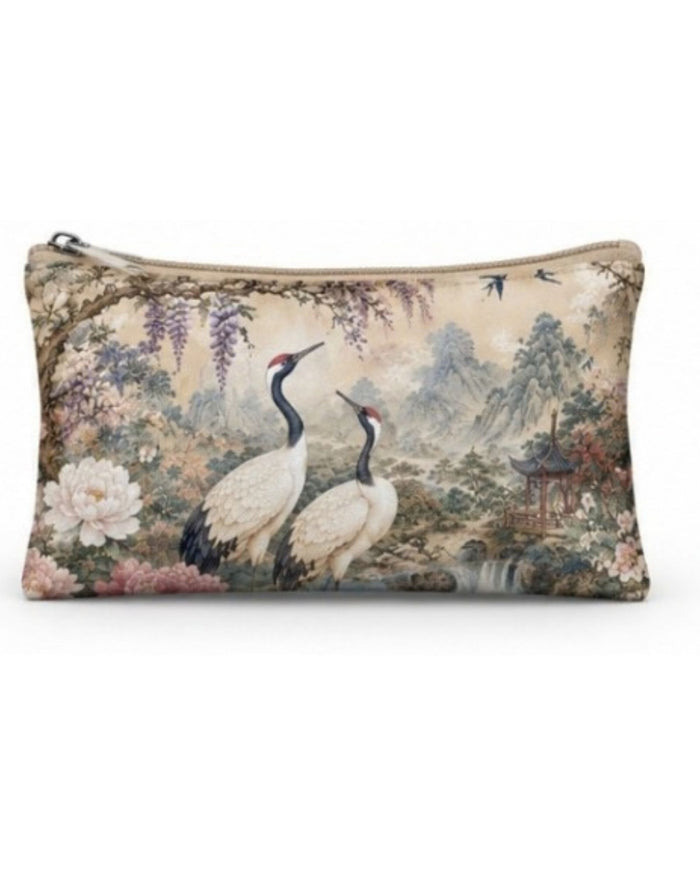 Rectangular vegan leather pouch with top zipper, crane birds and misty garden print
