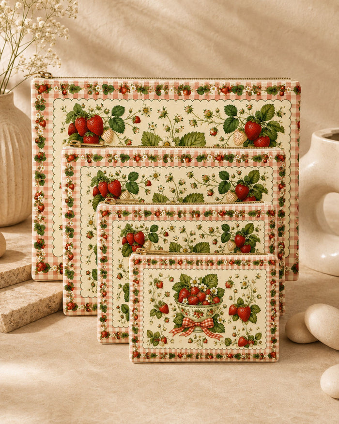 Strawberry-print vegan leather zipper pouches, three sizes stacked