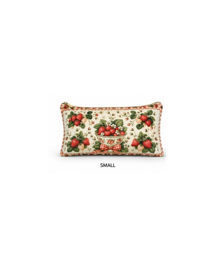 Small strawberry-print vegan leather zipper pouch with decorative border