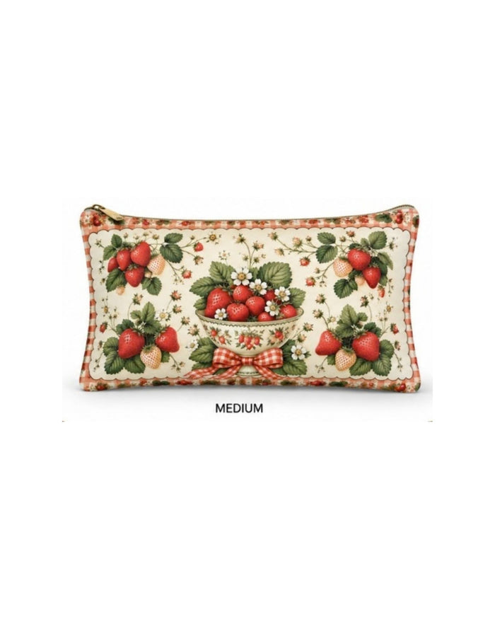 Medium strawberry-print vegan leather zipper pouch with fruit and bowl print