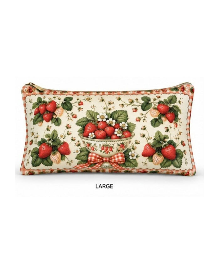 Large strawberry-print vegan leather zipper pouch with fruit basket pattern