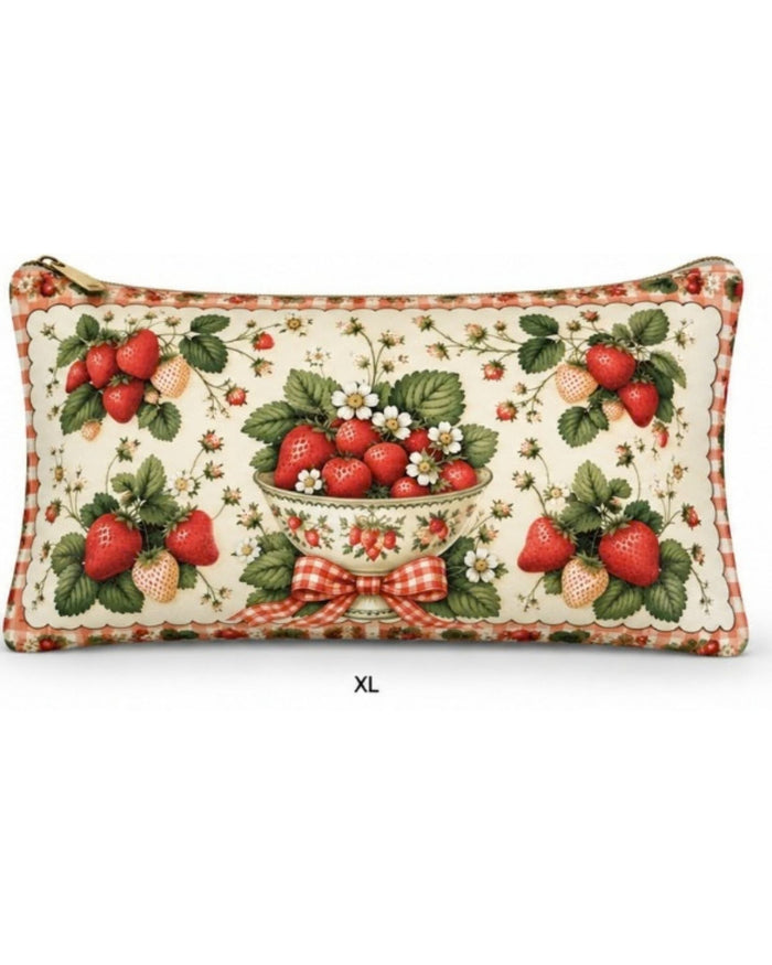 XL strawberry-print vegan leather zipper pouch with bowl and ribbon design