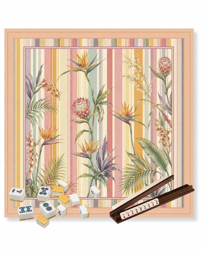 Tropical floral table game mat, square 33 x 33 in with illustrated border