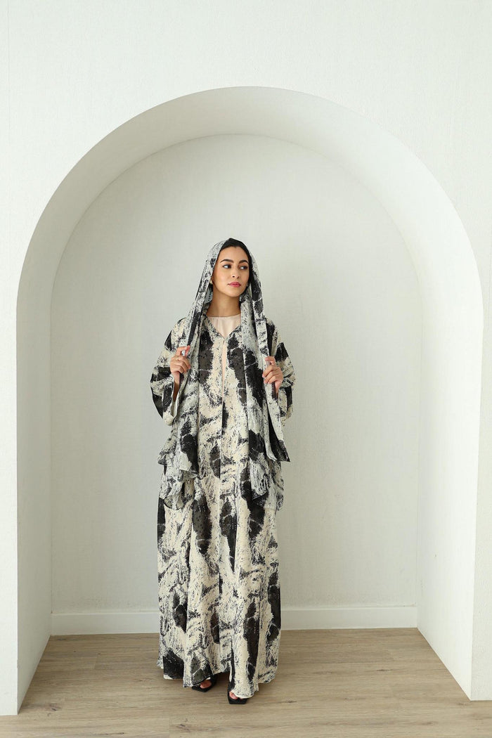 Printed Chiffon Abaya- Monochrome