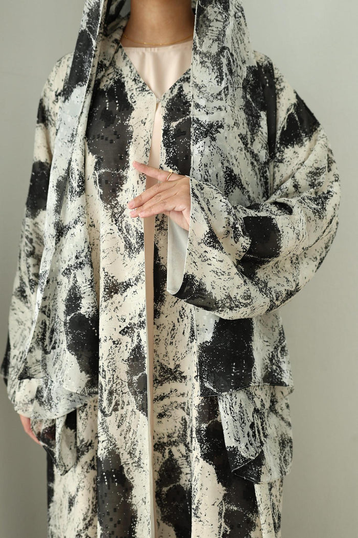 Printed Chiffon Abaya- Monochrome