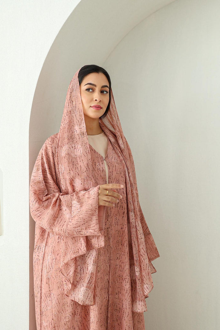 Printed Chiffon Abaya- Pink floral