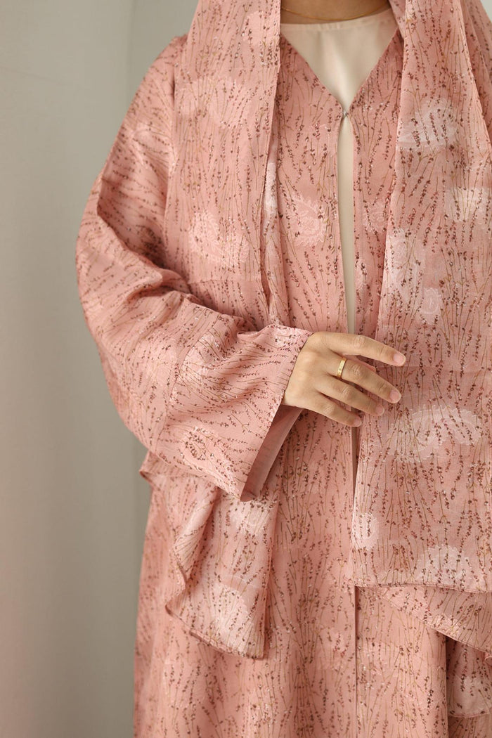 Printed Chiffon Abaya- Pink floral