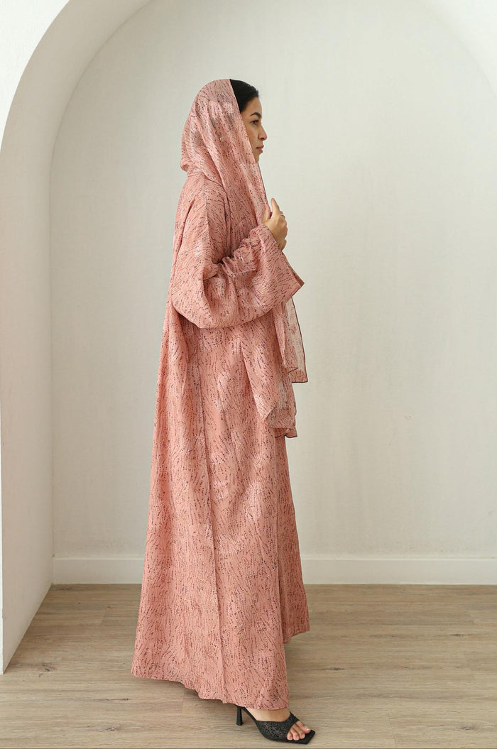 Printed Chiffon Abaya- Pink floral