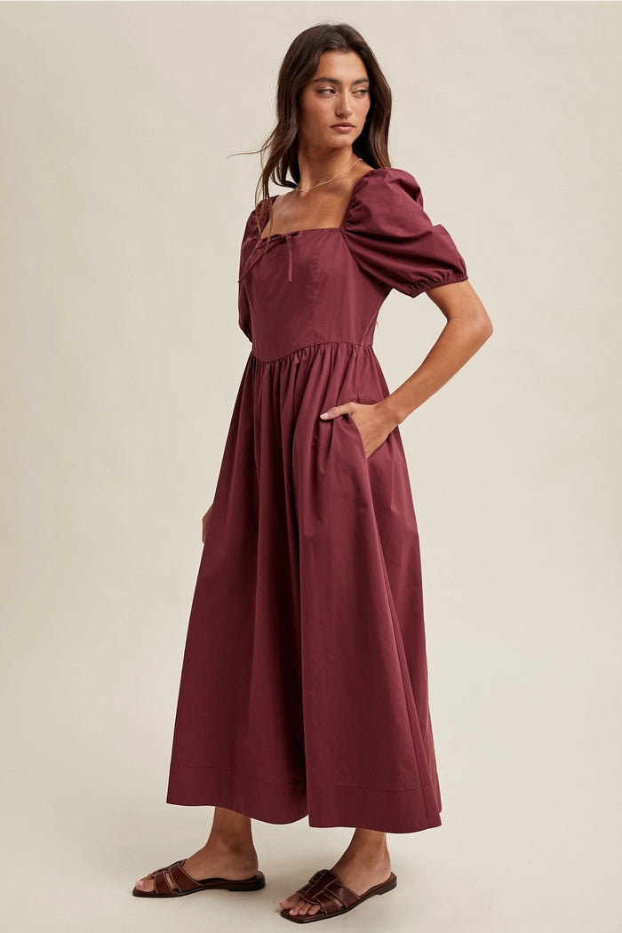 Puff Sleeve Midi Dress- Merlot