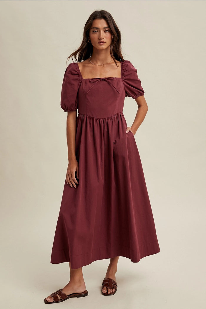 Puff Sleeve Midi Dress- Merlot