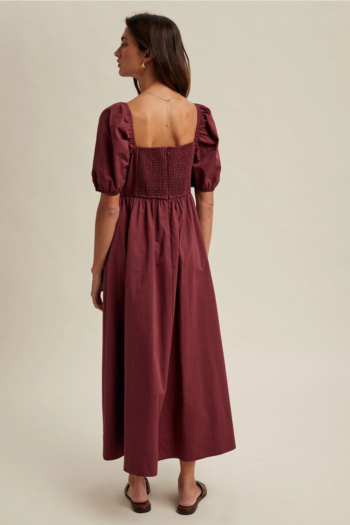 Puff Sleeve Midi Dress- Merlot