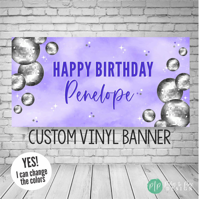 Purple disco ball Era's-themed birthday banner, personalized with name and age