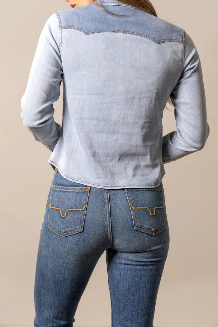 Light blue denim button-up shirt, back view with yoke seam and long sleeves