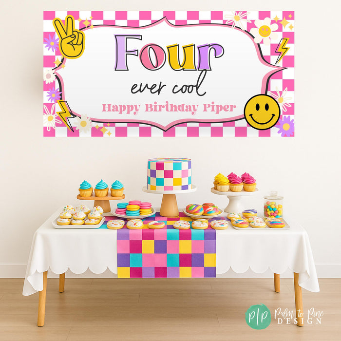 Girls 4th birthday party with retro checkered pattern and personalized Four Ever Cool banner