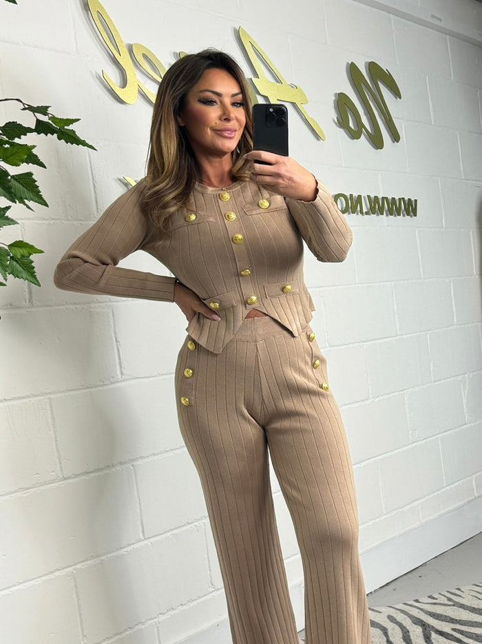 Ribbed Gold Button Straight Leg Trouser Co-Ord (2 Colours)