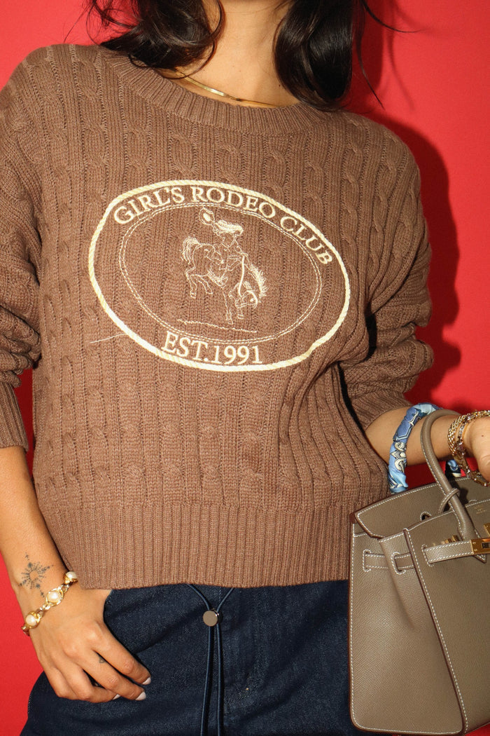 Brown knit sweater with round front rodeo-style bronc and horse graphic