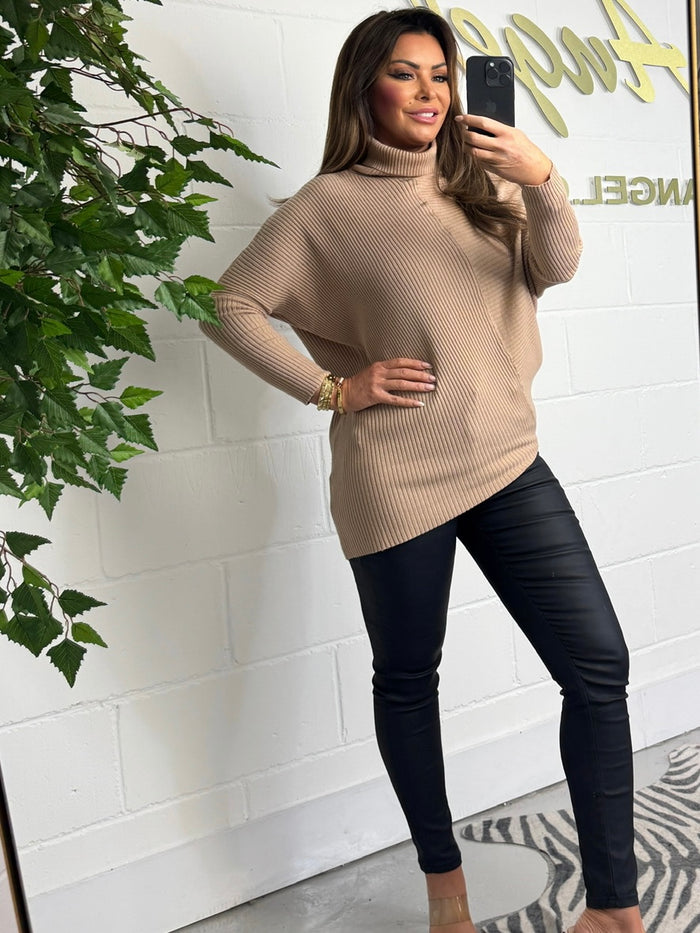 Roll Neck Ribbed Asymmetric Jumper (4 Colours)