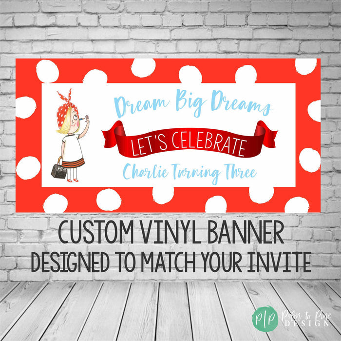 Red and white polka dot Rosie the Riveter engineer birthday banner, personalized with name and age