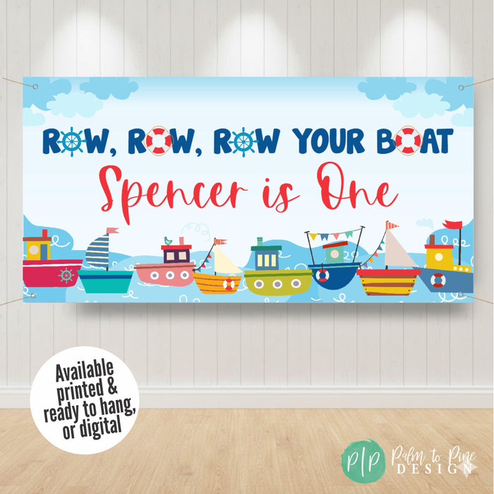 Row your boat sailboat birthday party backdrop, personalized with boys name and age