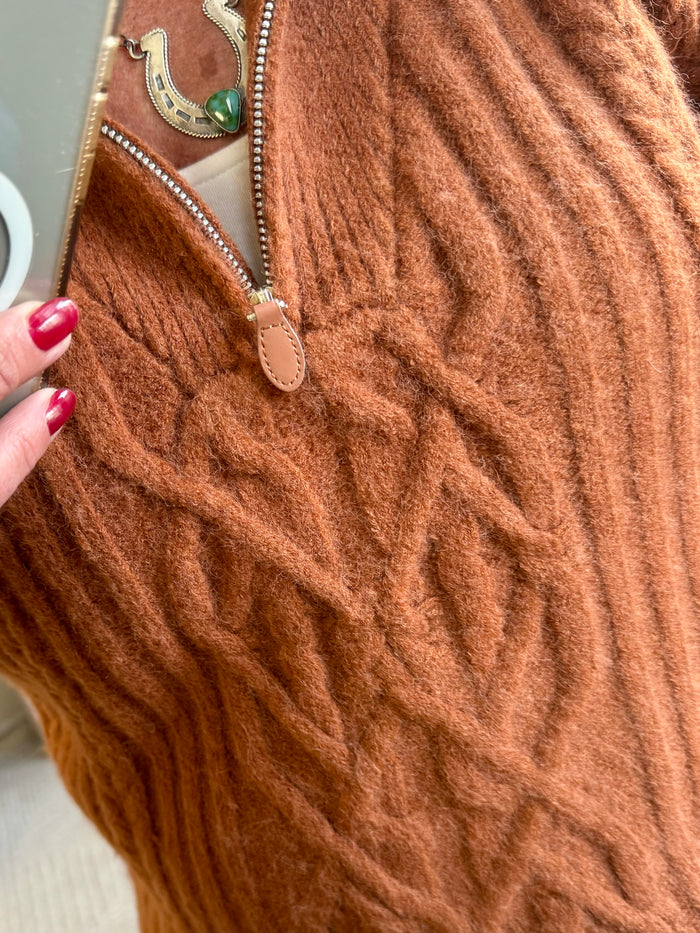 Rust 1/4 zip cable knit sweater with zipper and ribbed cuff details