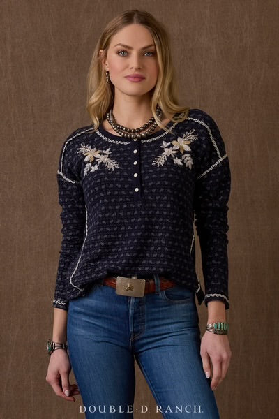 Dark sacking cloth top with white floral embroidery, long sleeves, button front
