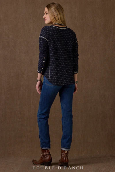 Navy sacking cloth top, long sleeves, button front, back view