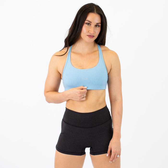 Racerback Sports Bra - Sage in Heather Blue Mist