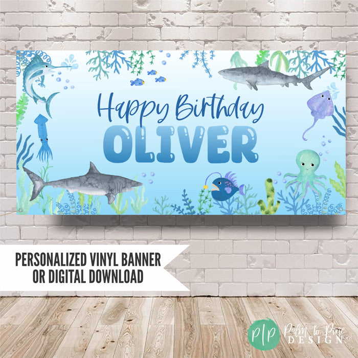 Shark Birthday Banner for Kids Party, personalized with name