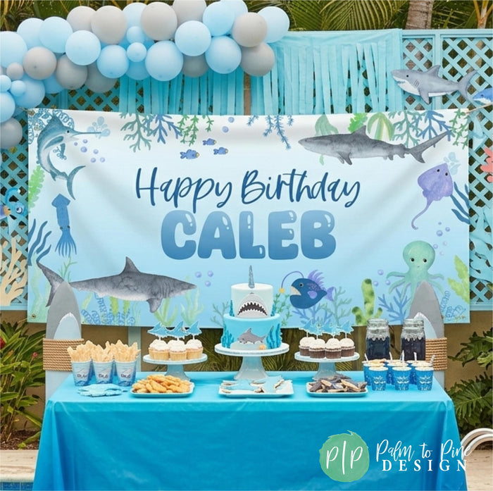 Shark Birthday Banner with Sea Life at kids Pool Party